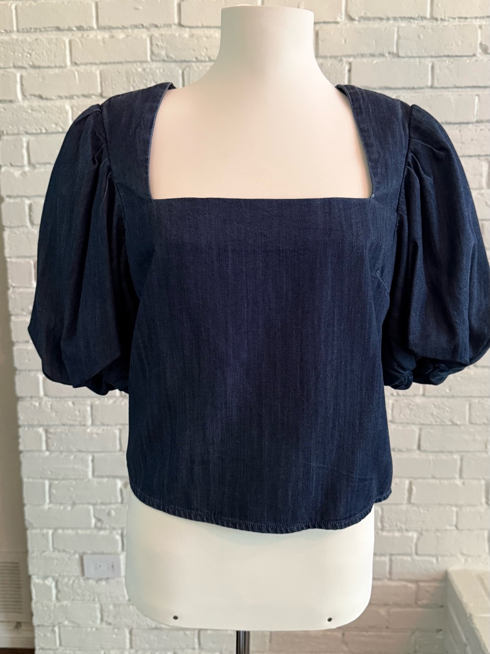 Frame Denim Navy Square-Neck Puff Sleeve Top
